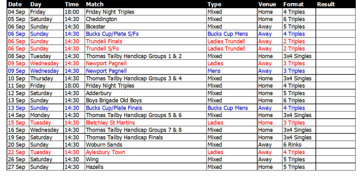Buckingham West End Bowls Club 2006 September Fixtures