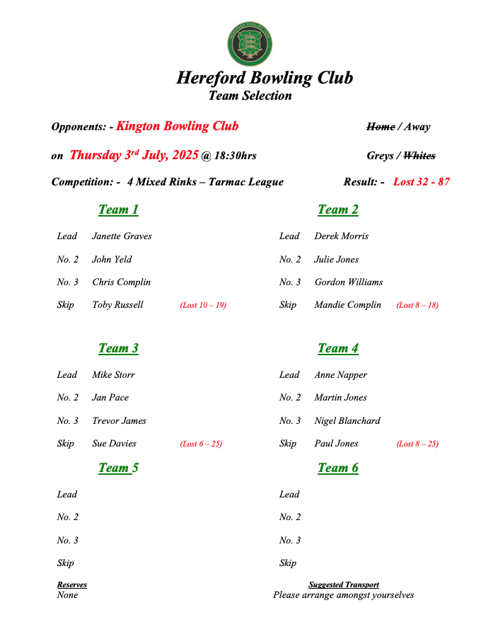 Hereford Bowling Club Kington - Tarmac League - 03/07/25
