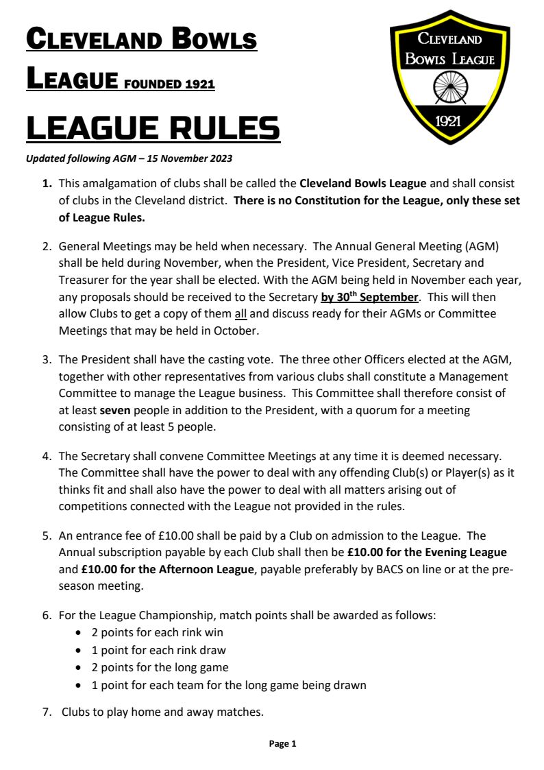 CLEVELAND BOWLS LEAGUE 1921 Rules - Updated Jan 2024