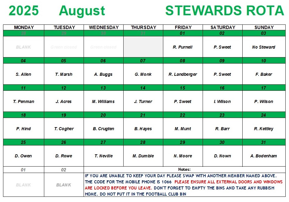 Marina Bowling Club Dawlish Monthly Rota 2025