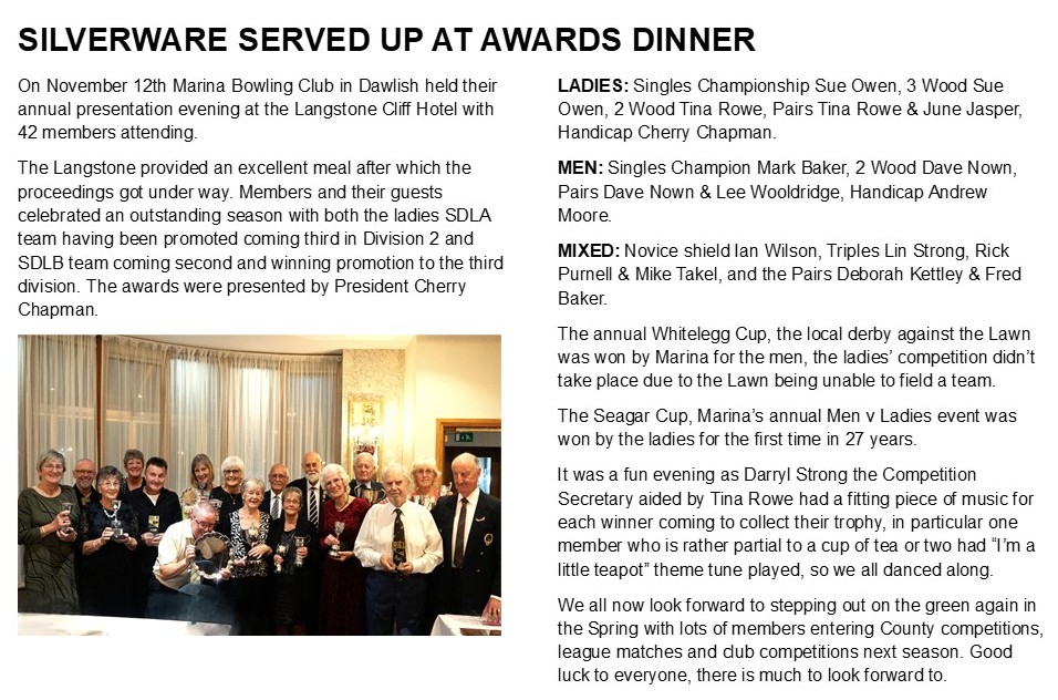 Marina Bowling Club Dawlish 2025 Press Items (July onwards)