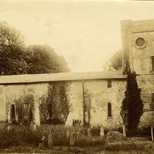 Church north side well before 1905 renovation. Notice the higher walls and shallower roof and lack of ivy. This is the earliest photo of the Church.