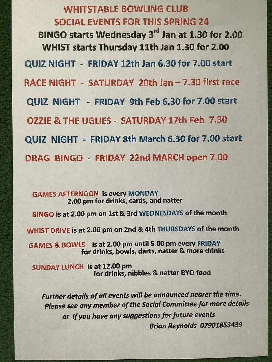 Whitstable Bowling Club Social Events/Hols 2023