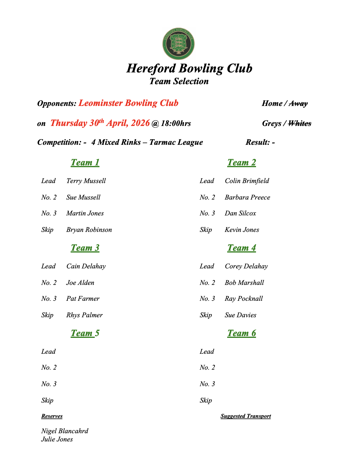Hereford Bowling Club Leominster - Tarmac League - Home