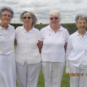 Ladies Pairs: Left to right Gill Denne-Gill Pulling  Runners up.  Marion Keane-Pat Aggarwal  Winners.