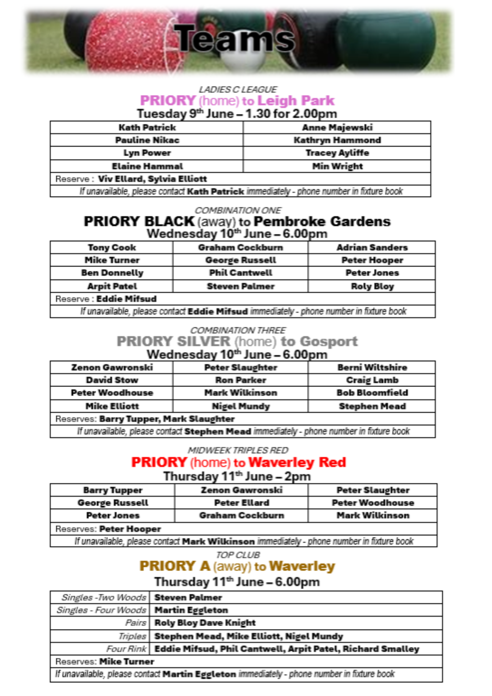 Priory Bowls Club Teams for week beginning: 8th June