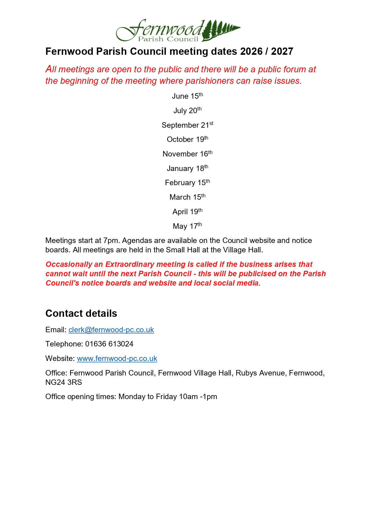 Fernwood Parish Council Meeting dates