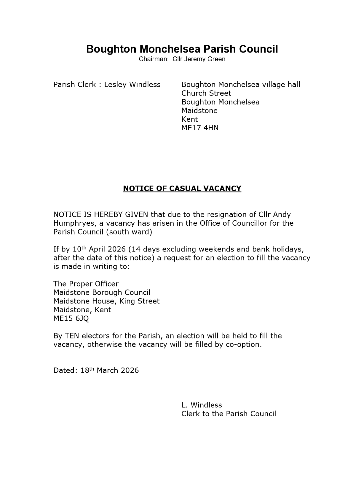 Boughton Monchelsea Parish Council Vacancies