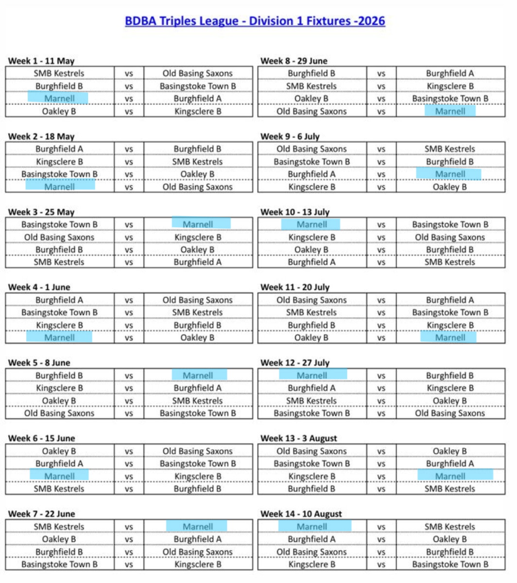 Monday League Fixtures