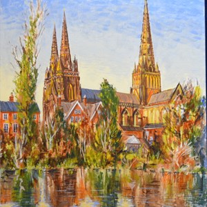 'Lichfield Catherdal Across Minster Pool' Acrylic by Keith Wilkins