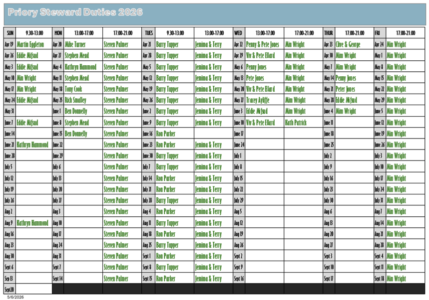 Priory Bowls Club Steward Duties Rota 2026