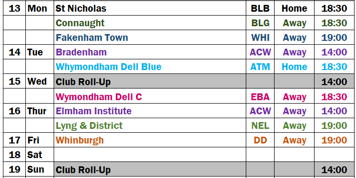 Fixtures for the Week starting 13 July