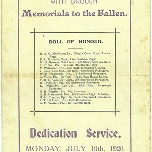 Copy of the service sheet for the unveiling of the South Collingham Memorials July 1920
