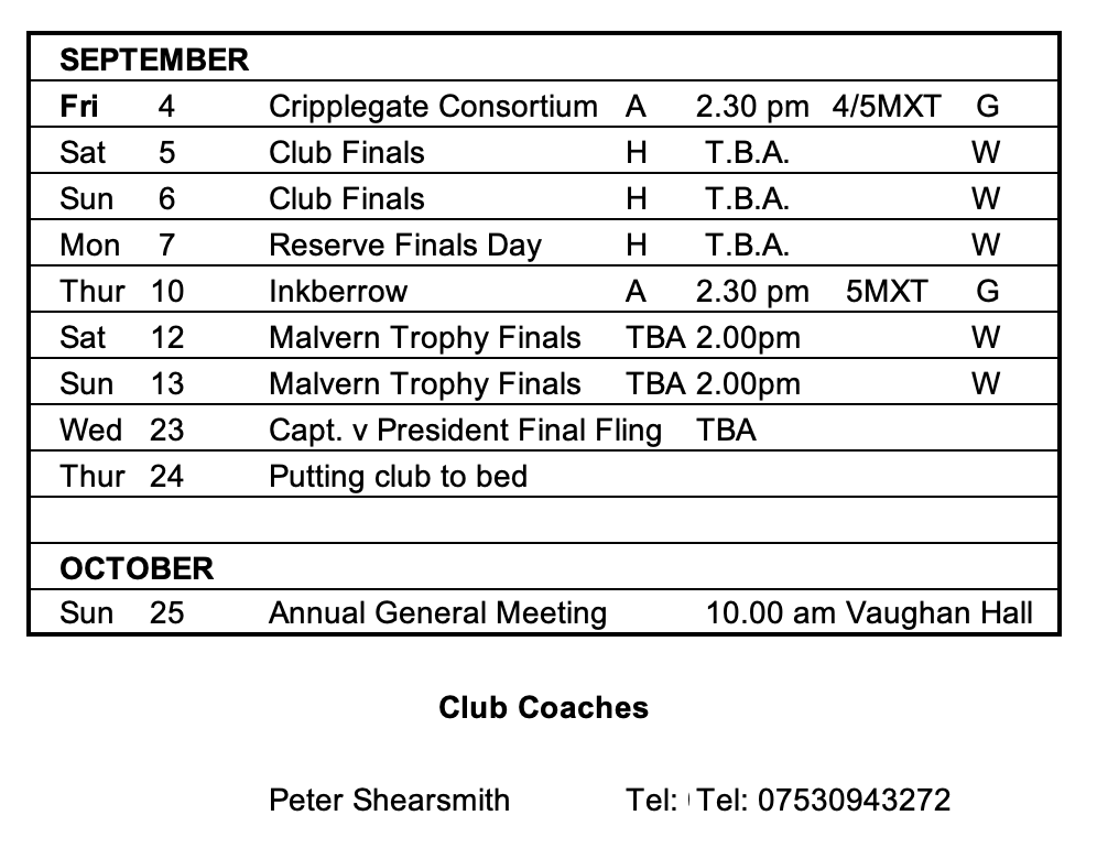 Manor Park Outdoor Bowls Club Fixtures 2023