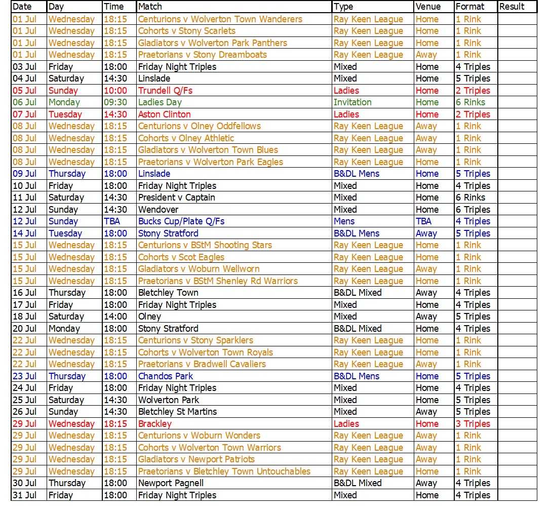 Buckingham West End Bowls Club 2006 July Fixtures
