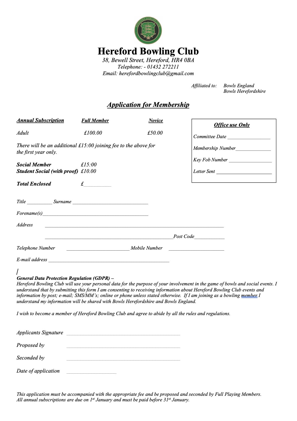 Hereford Bowling Club Adult Form