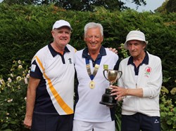 David Morris and Bill Lawer receiving Over 60 s Pairs Trophy from BDBA President Bob Goodyear