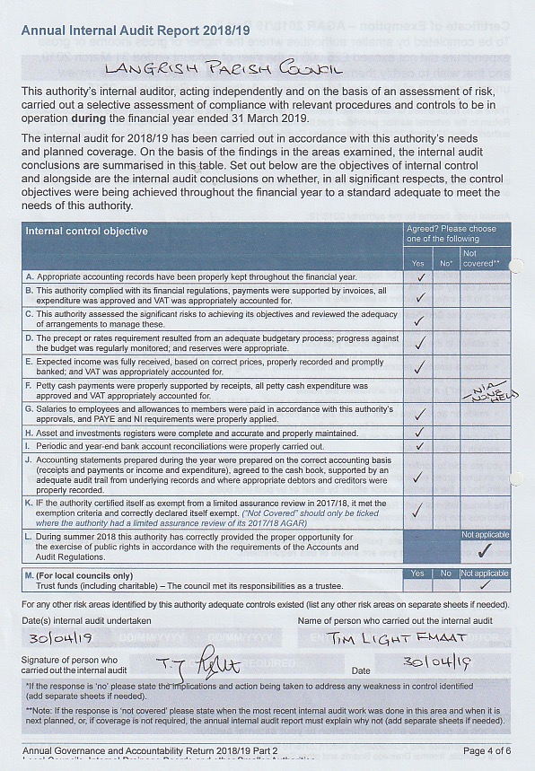 Langrish Parish Council Accounts 2018-2019