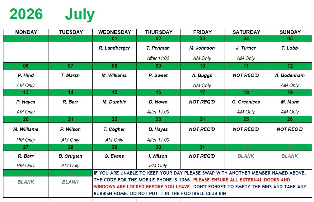 Marina Bowling Club Dawlish Monthly Rota