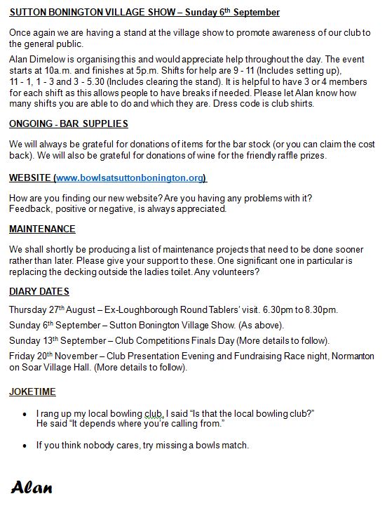 Sutton Bonington Bowls Club The Green - Club Newsletter