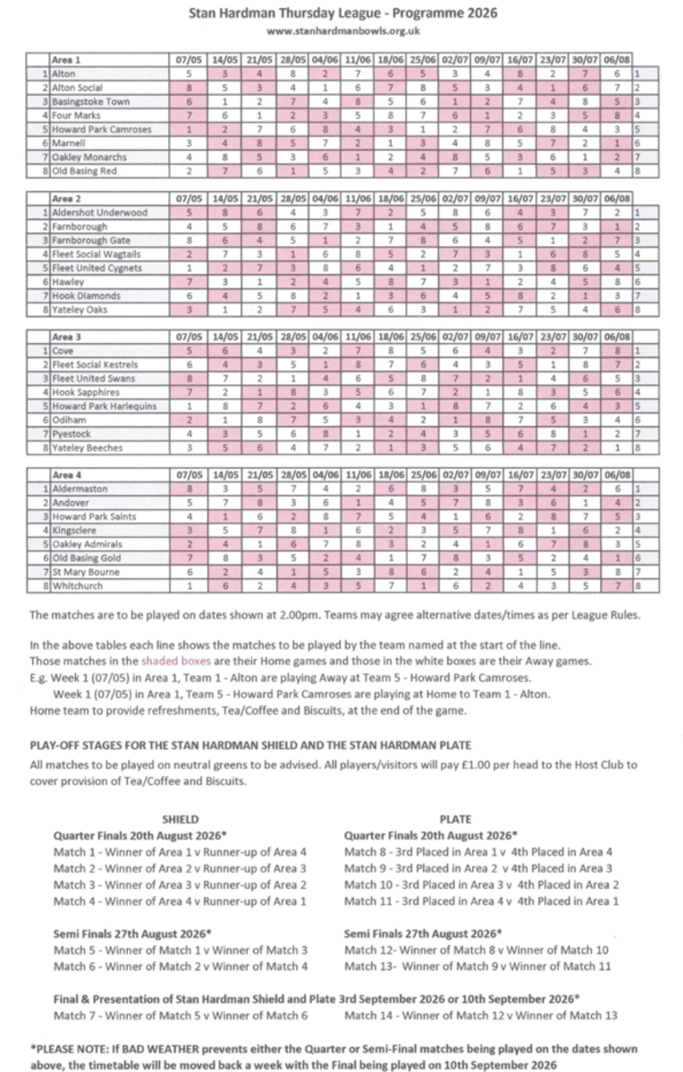 Thursday League Fixtures