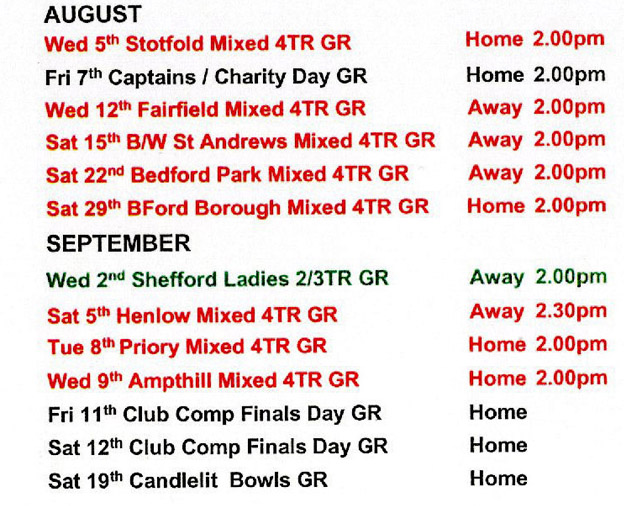 Mowsbury Park Bowls Club Bedford 2026  Fixtures