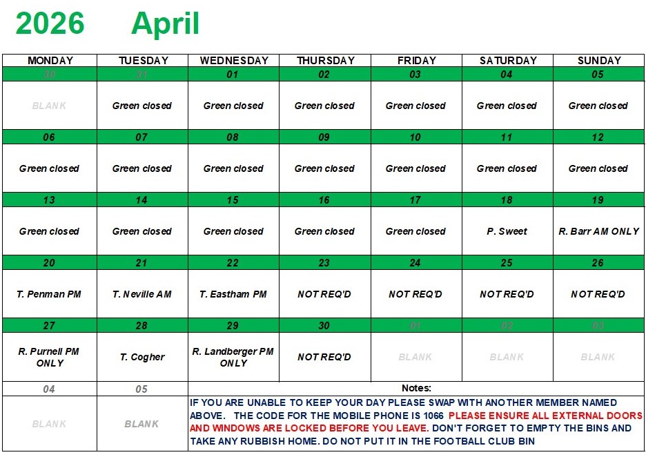 Marina Bowling Club Dawlish Monthly Rota 2025