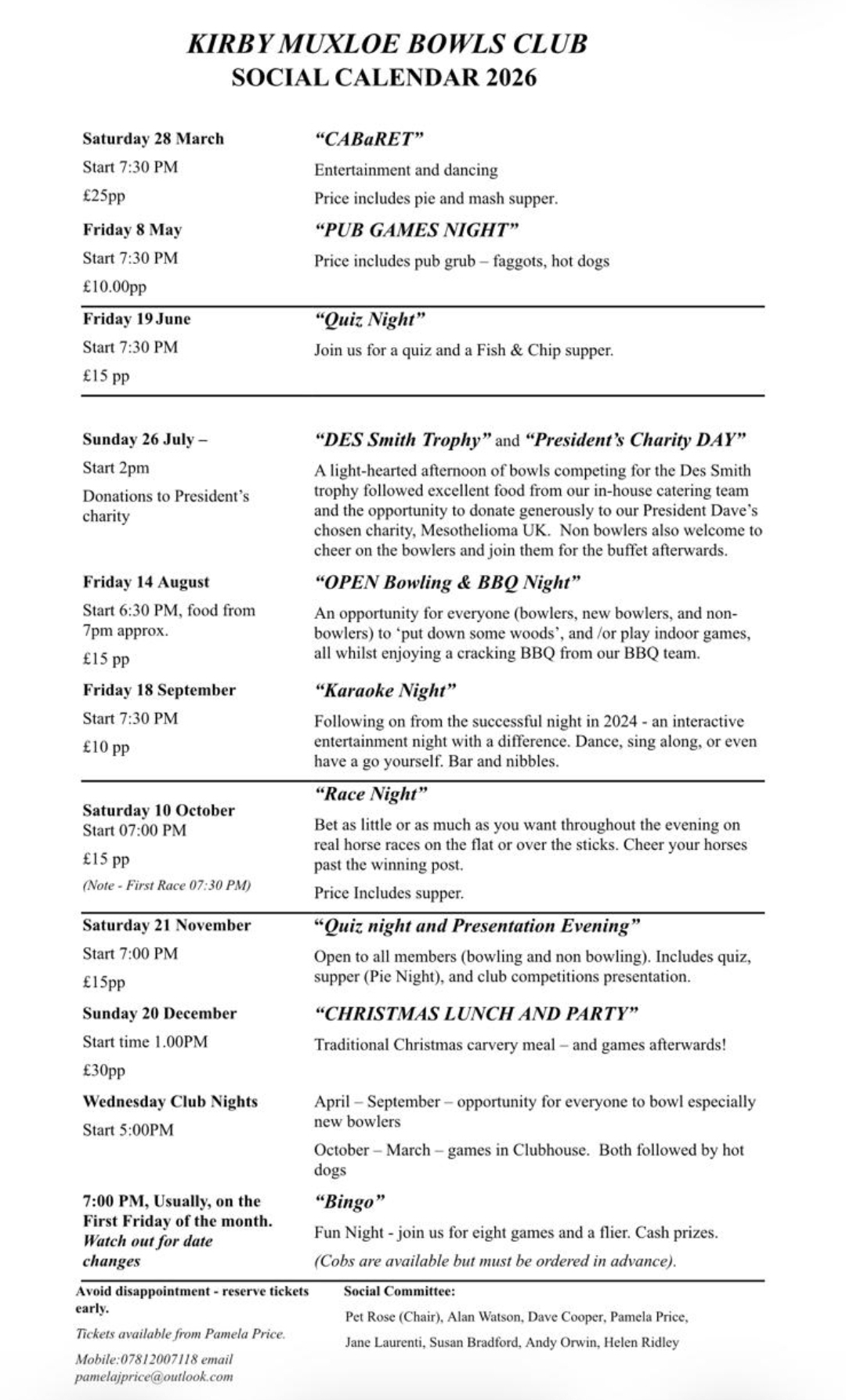Kirby Muxloe Bowls Club Important & Social Dates