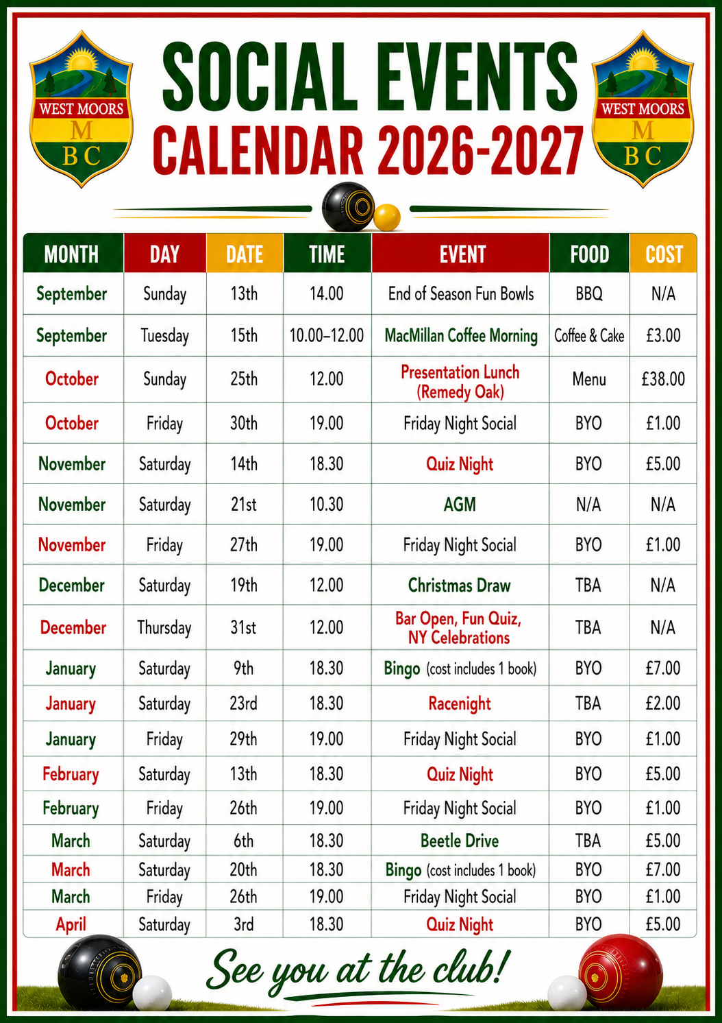 West Moors Memorial Bowls Club What's On