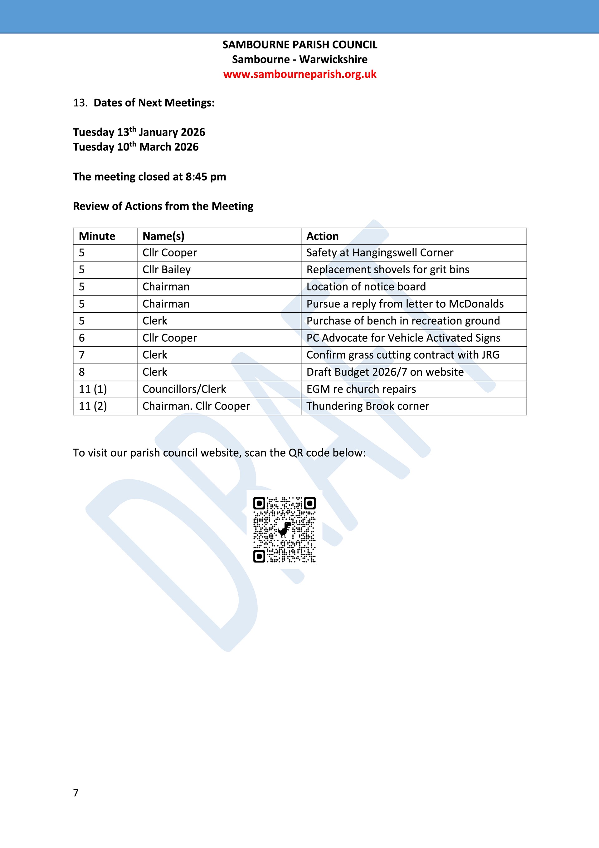 Sambourne Parish Council July 2025 to present