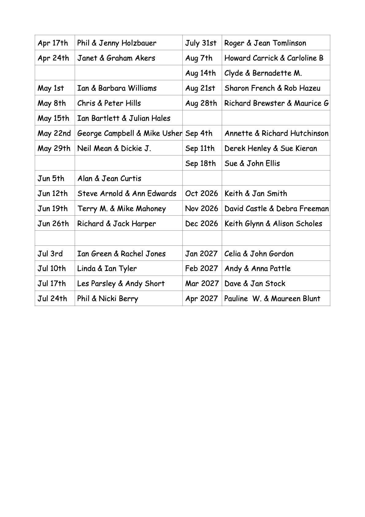 Datchworth Bowls Club Cleaning Rota