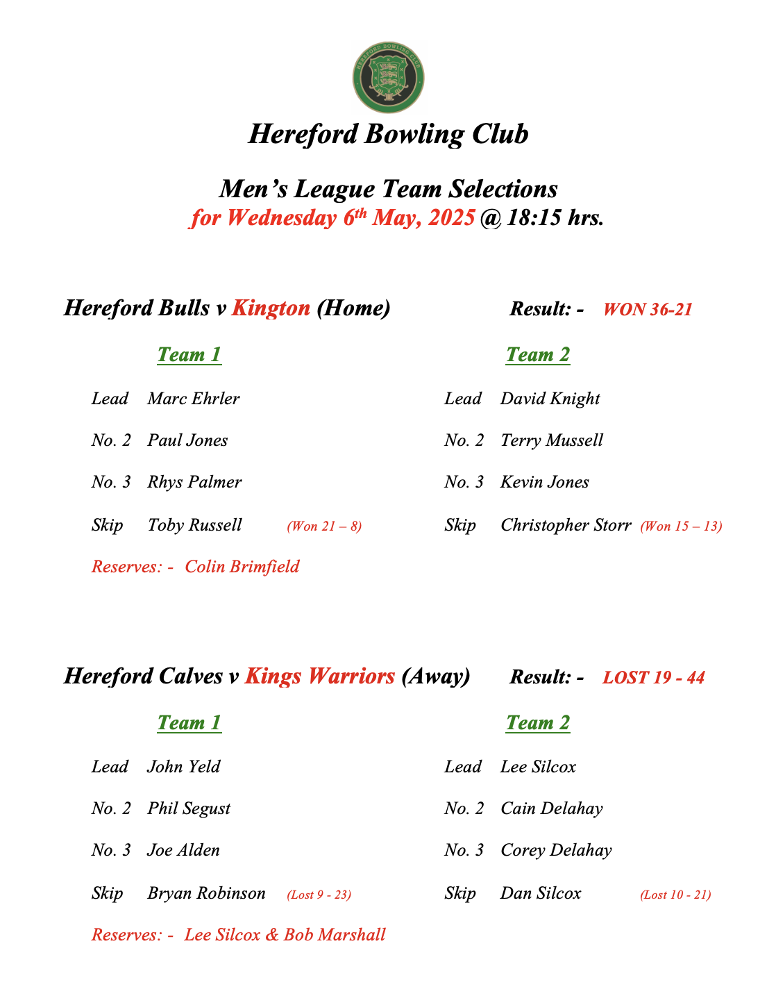 Hereford Bowling Club Men's League - 06/05/26