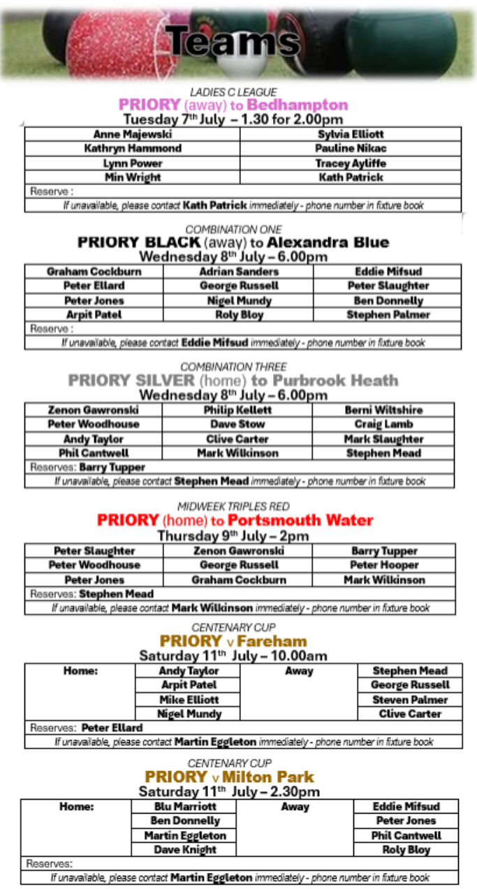 Priory Bowls Club Teams for week  beginning 6th July