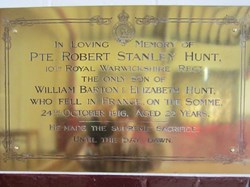 Brass plaque in memory of Pte Robert Stanley Hunt