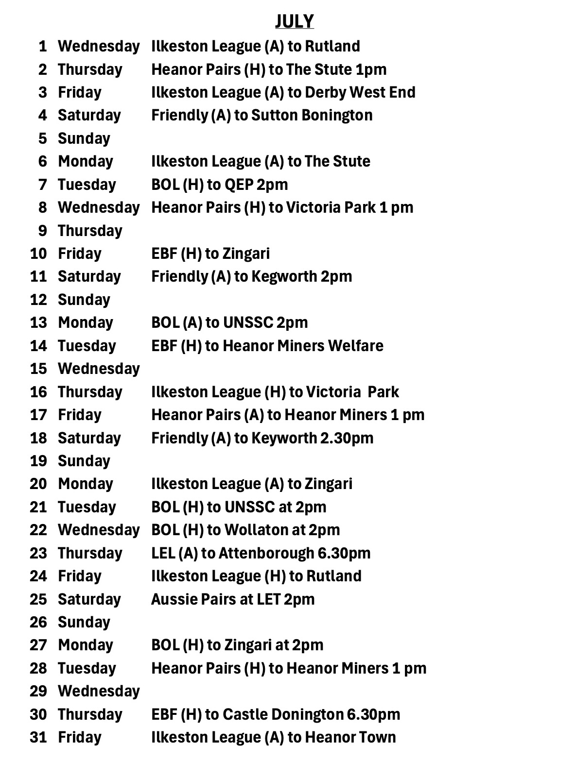 Long Eaton Town Bowls Club Fixtures Calendar