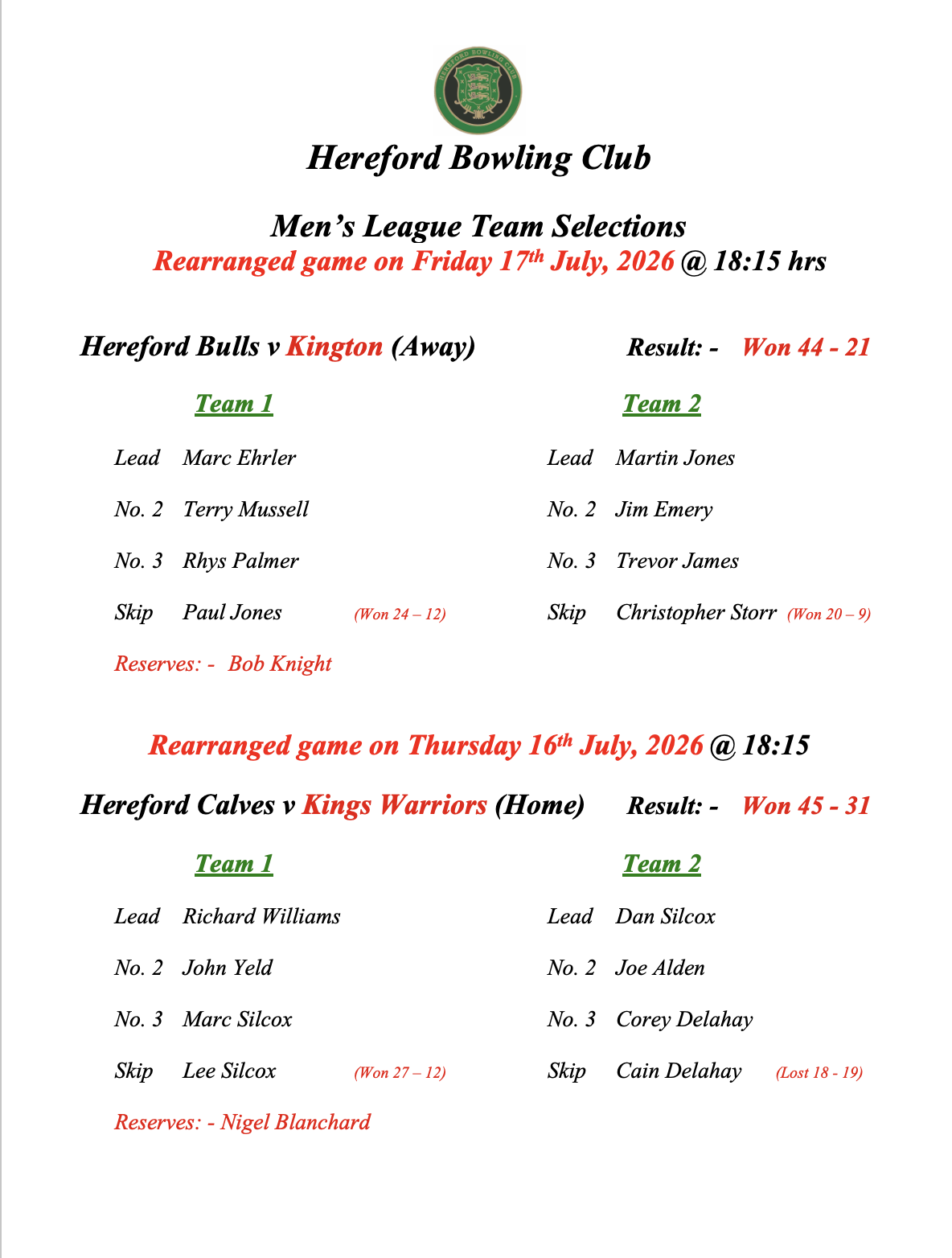 Hereford Bowling Club Men's League - 16&17-07-26