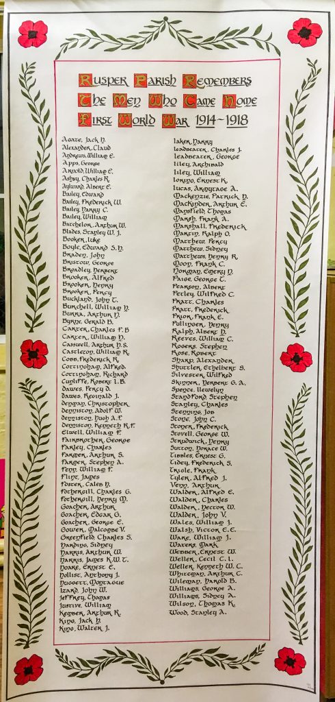 This beautiful scroll commemorating all those from Rusper Parish who fought in the Great War and came home was created by Viv Sallows.