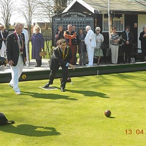 Mayor bowling 1st Wood - Mayor of Wells, Theo Butt-Philip, bowling the first wood to open our Centenary Season.