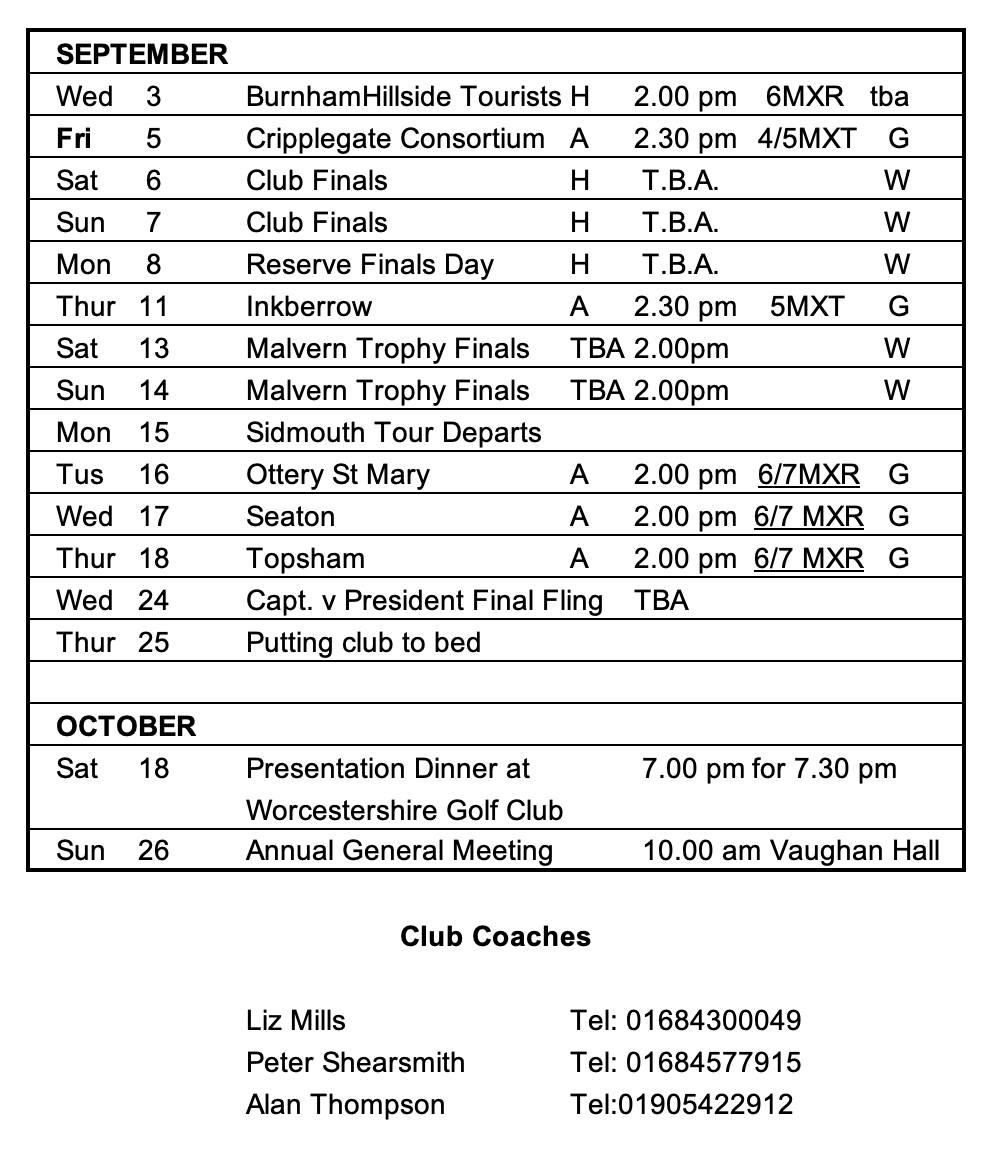 Manor Park Outdoor Bowls Club Fixtures 2023