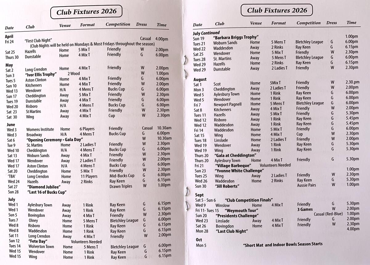 Wingrave Bowls Club Fixtures/Leagues
