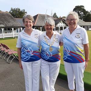 BE Over 55 Pairs representing Yorkshire at Leamington 2022 Gayle Hartley and Judith Smith with Yorkshire  President Sylvia Thacker