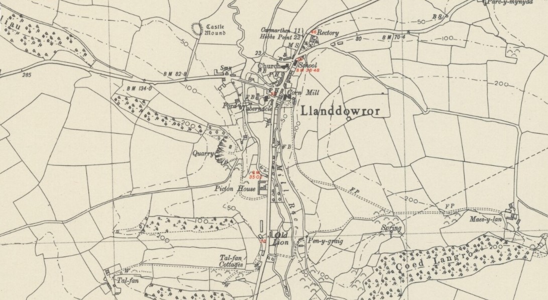 Ordnance survey map of Llanddowror from 1948 published in 1953Llan