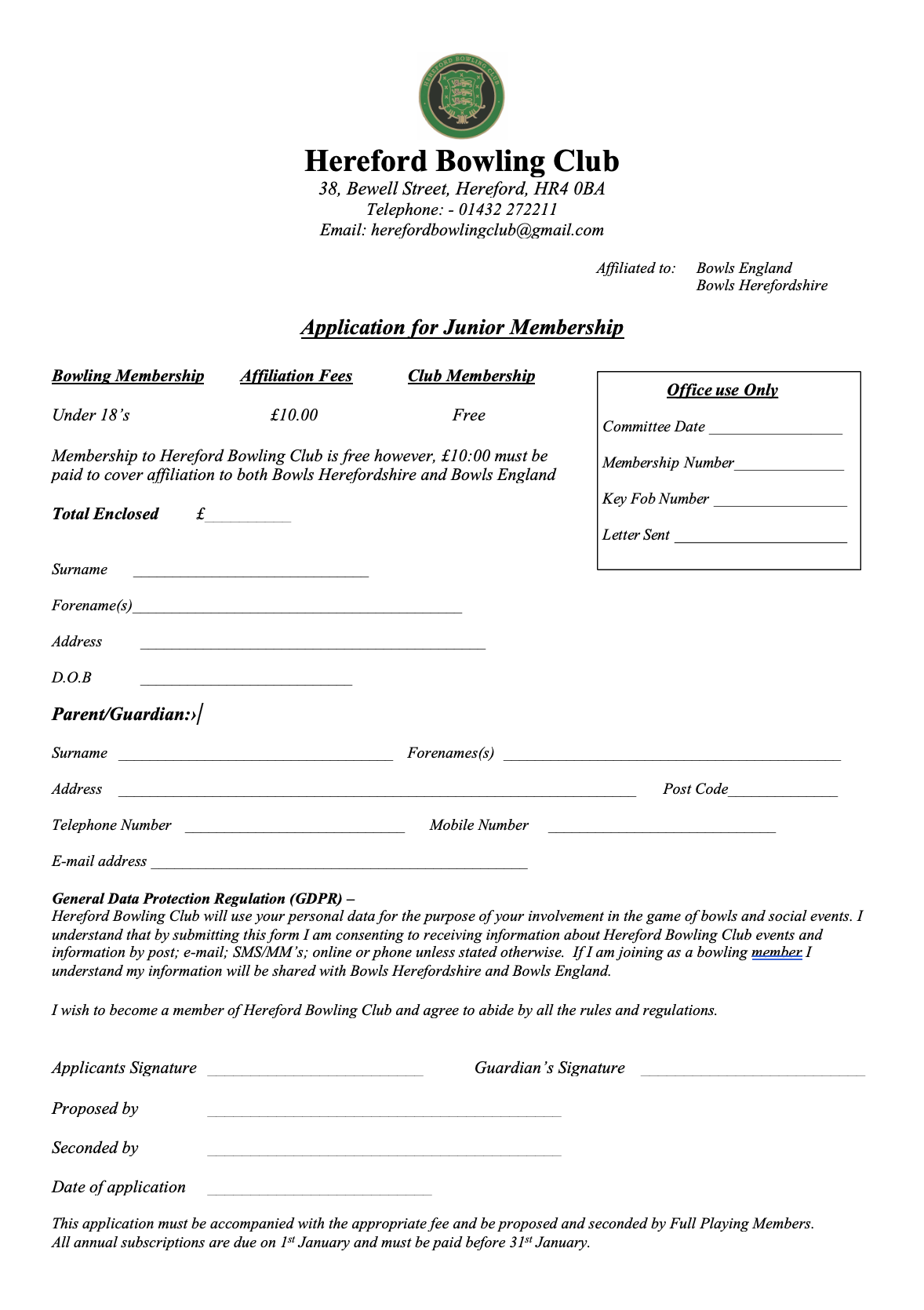 Hereford Bowling Club Junior Form