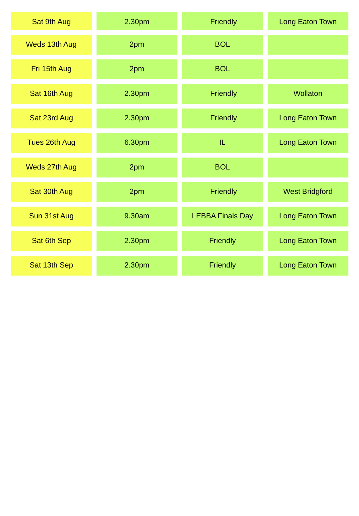 Long Eaton Town Bowls Club 2025 Calendar