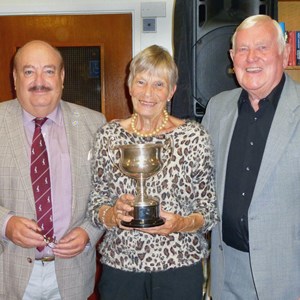 Presentation Evening 2022. Brenda Barber Novices Winner being presentd with her trophy be County Councillor Ken Crofton and President Fred Goodege
