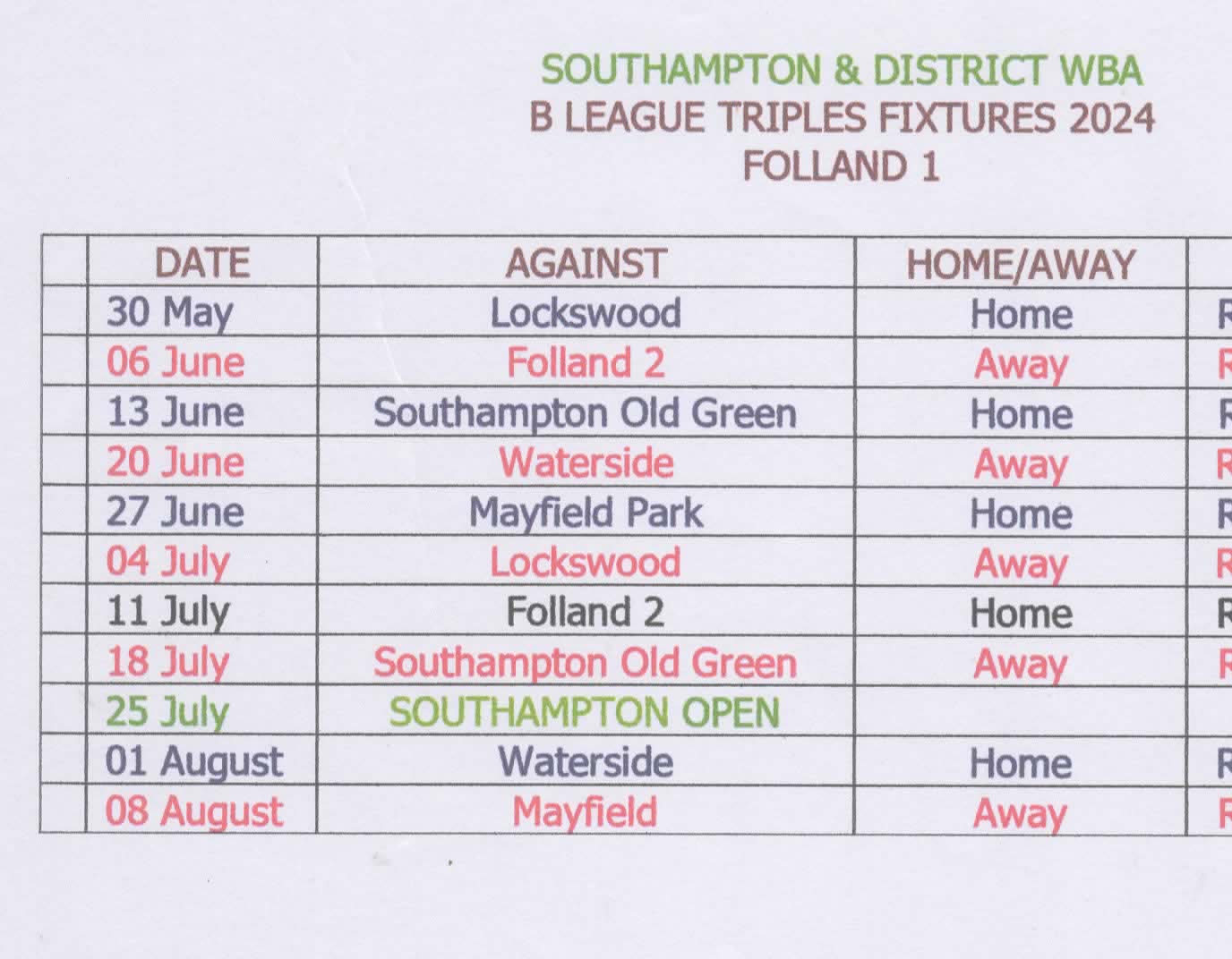 Folland Bowls Club League Fixtures