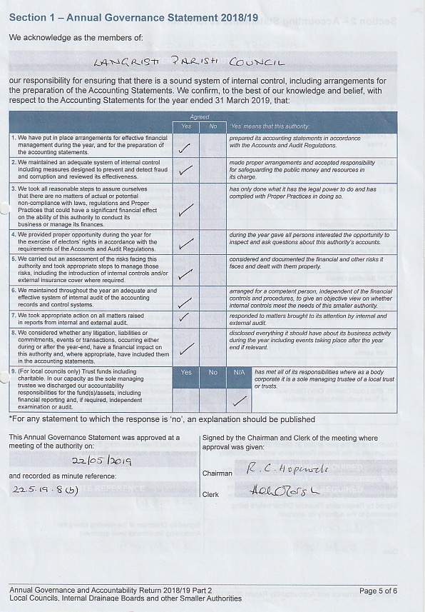 Langrish Parish Council Accounts 2018-2019