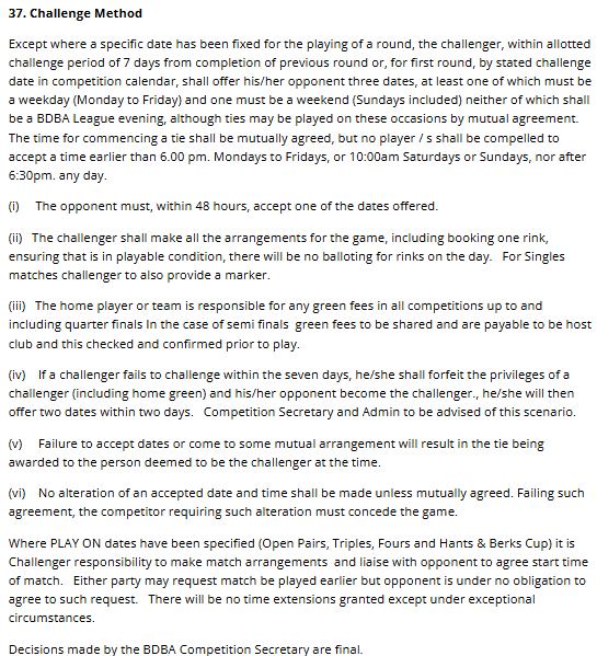 Basingstoke & District Bowling Association Competition Challenge Procedure