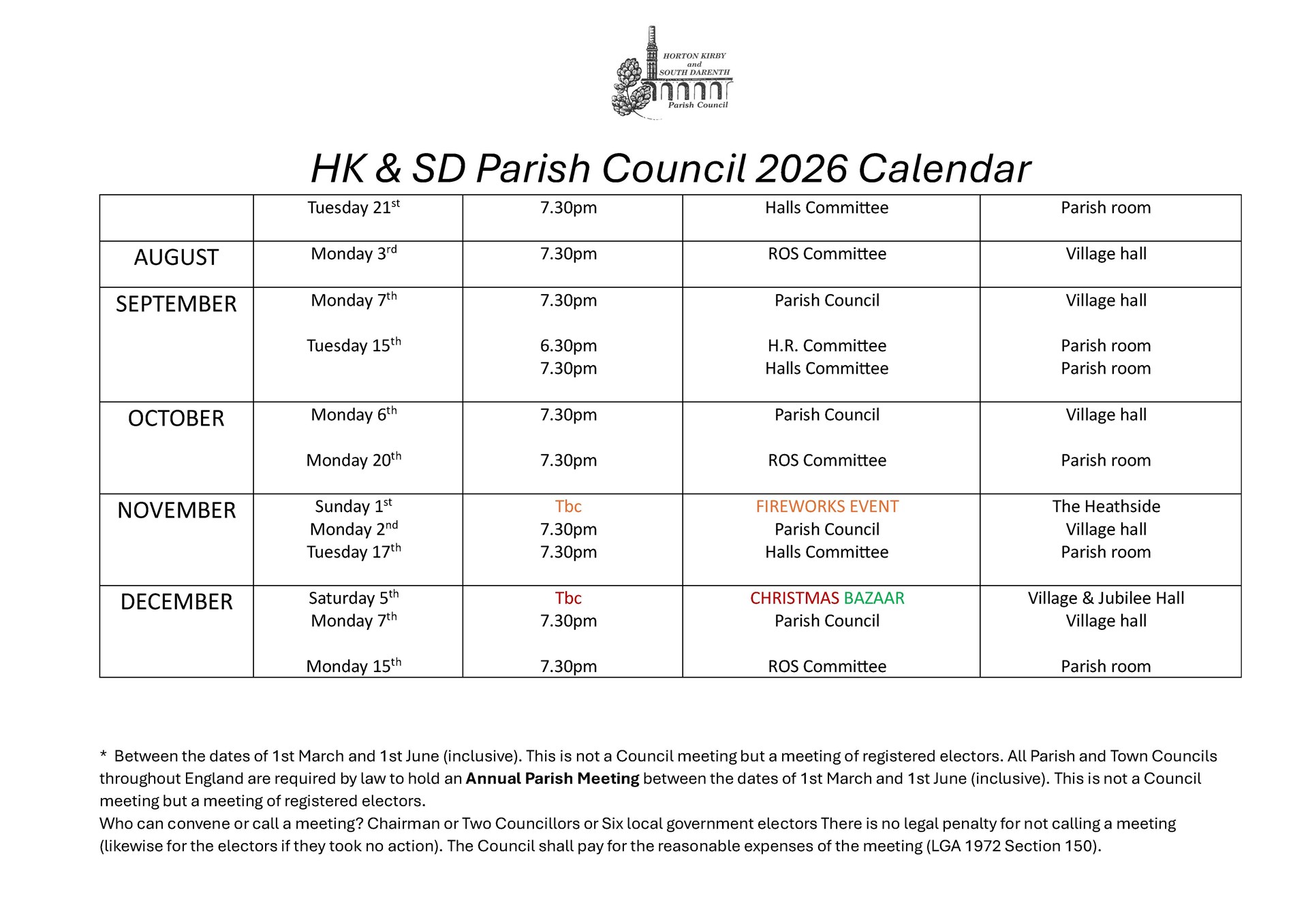Horton Kirby & South Darenth Parish Council 2026 Calendar for Meetings and Events