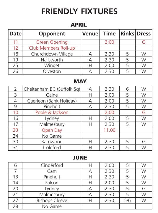 Victory Park Bowls Club Friendlies 2026